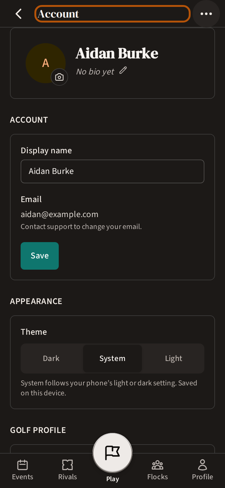 The Account page: your photo and name at the head with your bio beneath, then the Account part with your display name and email, the page's name ringed in the header.