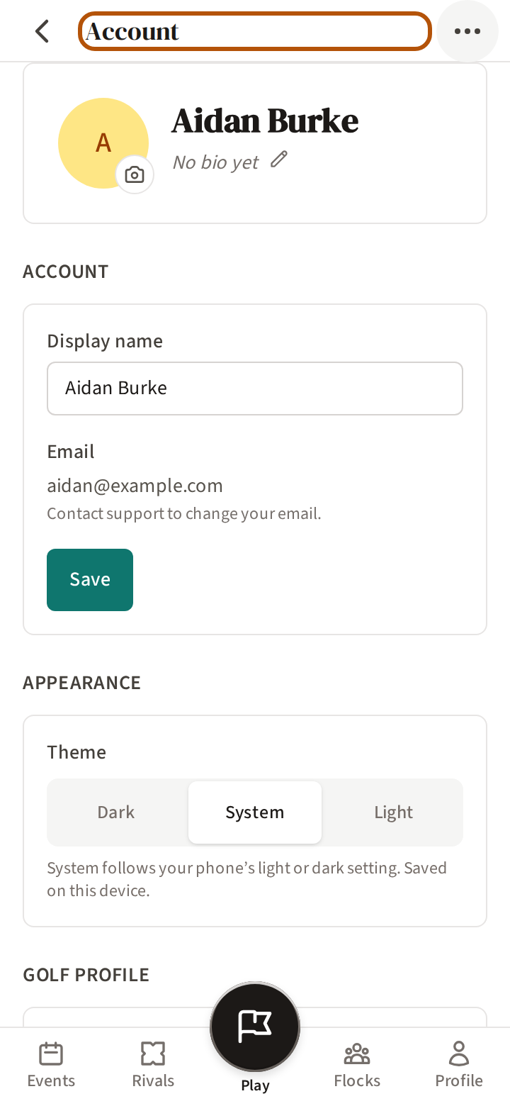 The Account page: your photo and name at the head with your bio beneath, then the Account part with your display name and email, the page's name ringed in the header.