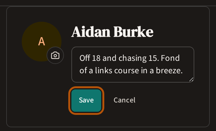 The head of the Account page with the bio open for writing: a line typed in, and the Save button beneath it ringed, Cancel beside it.