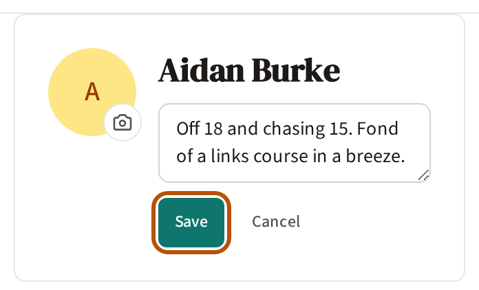 The head of the Account page with the bio open for writing: a line typed in, and the Save button beneath it ringed, Cancel beside it.