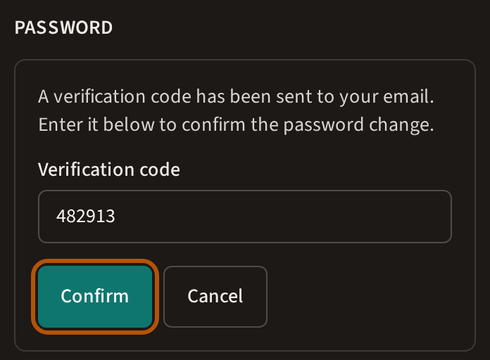 The Password part after pressing Change password: a note that a code was emailed, the code typed under Verification code, and the Confirm button ringed, Cancel beside it.