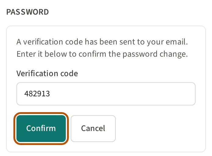 The Password part after pressing Change password: a note that a code was emailed, the code typed under Verification code, and the Confirm button ringed, Cancel beside it.