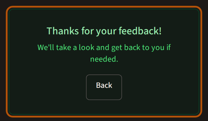 The Feedback page after pressing Send Feedback: Thanks for your feedback!, with a Back button, ringed.