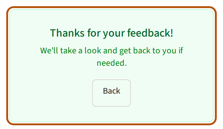 The Feedback page after pressing Send Feedback: Thanks for your feedback!, with a Back button, ringed.