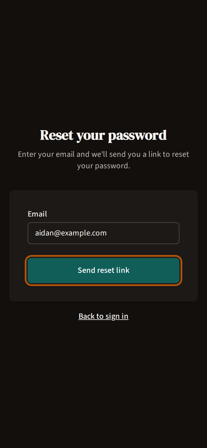 The Reset your password page with an email address typed in and the Send reset link button ringed, Back to sign in beneath it.