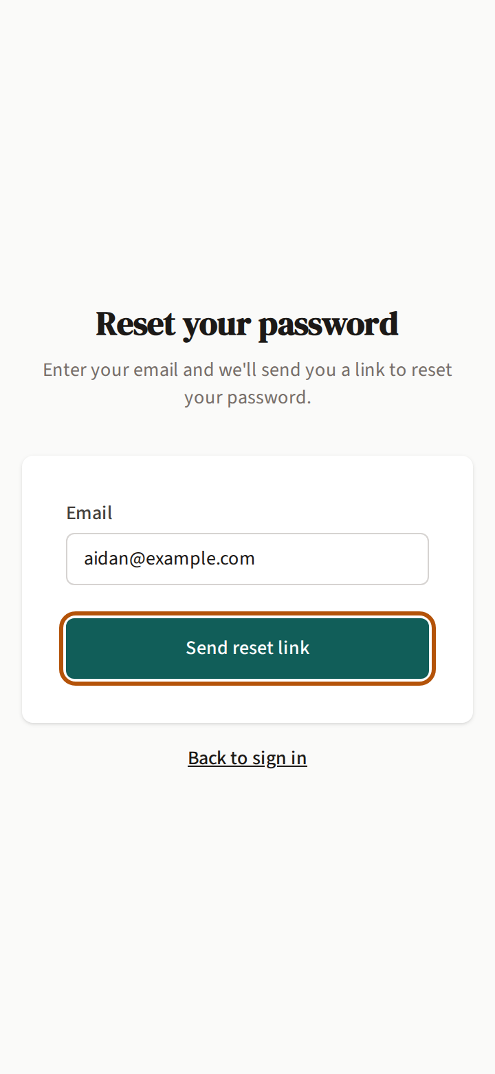 The Reset your password page with an email address typed in and the Send reset link button ringed, Back to sign in beneath it.