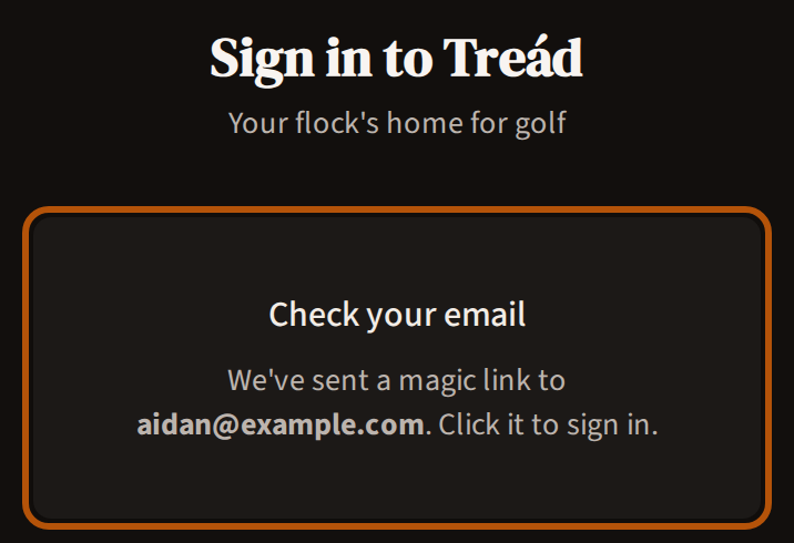 The sign-in page after pressing Send magic link: Check your email, saying a magic link went to the address typed, ringed.