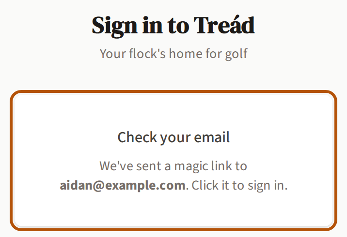 The sign-in page after pressing Send magic link: Check your email, saying a magic link went to the address typed, ringed.
