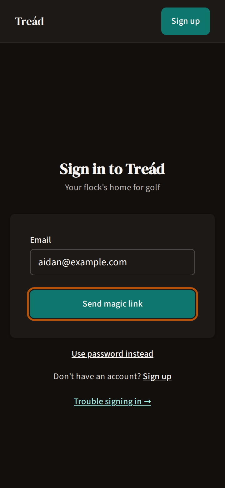 The sign-in page after choosing a magic link: one email box, the Send magic link button ringed, and Use password instead beneath it.