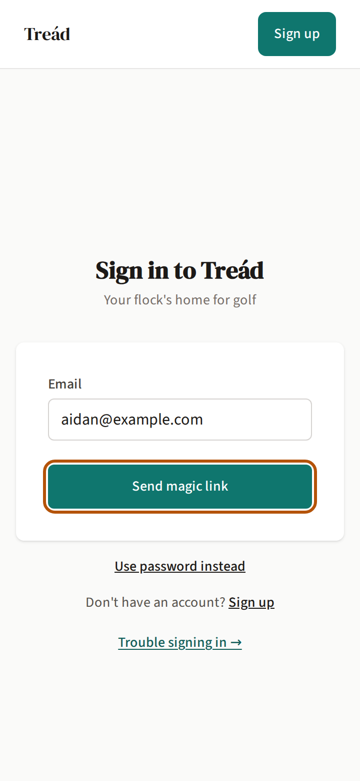 The sign-in page after choosing a magic link: one email box, the Send magic link button ringed, and Use password instead beneath it.