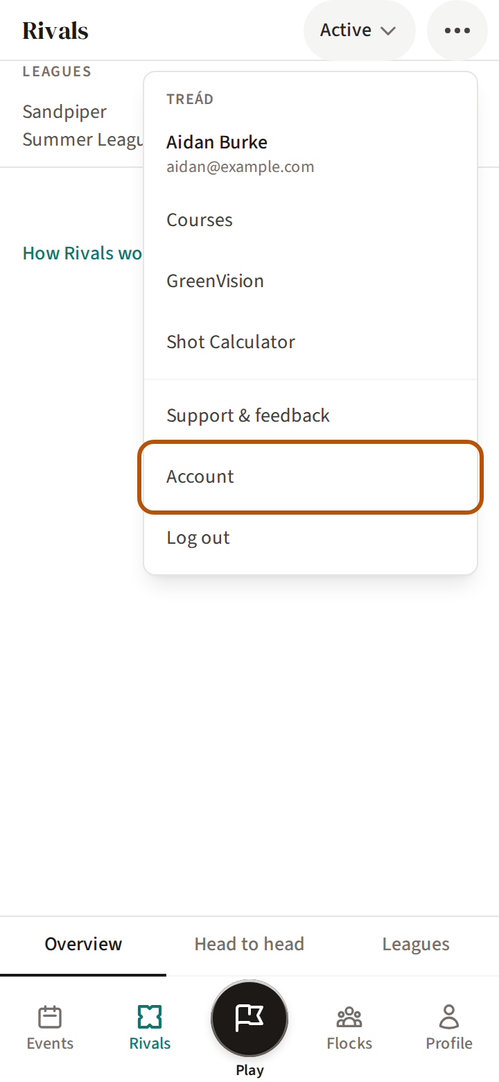 The More menu open: under Treád, your name and email, then its rows, among them Support & feedback, the Account row ringed, and Log out.