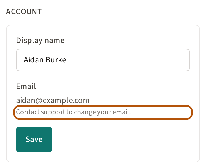 The Account part of the page: Display name with your name in it, your email beneath, and Contact support to change your email ringed.