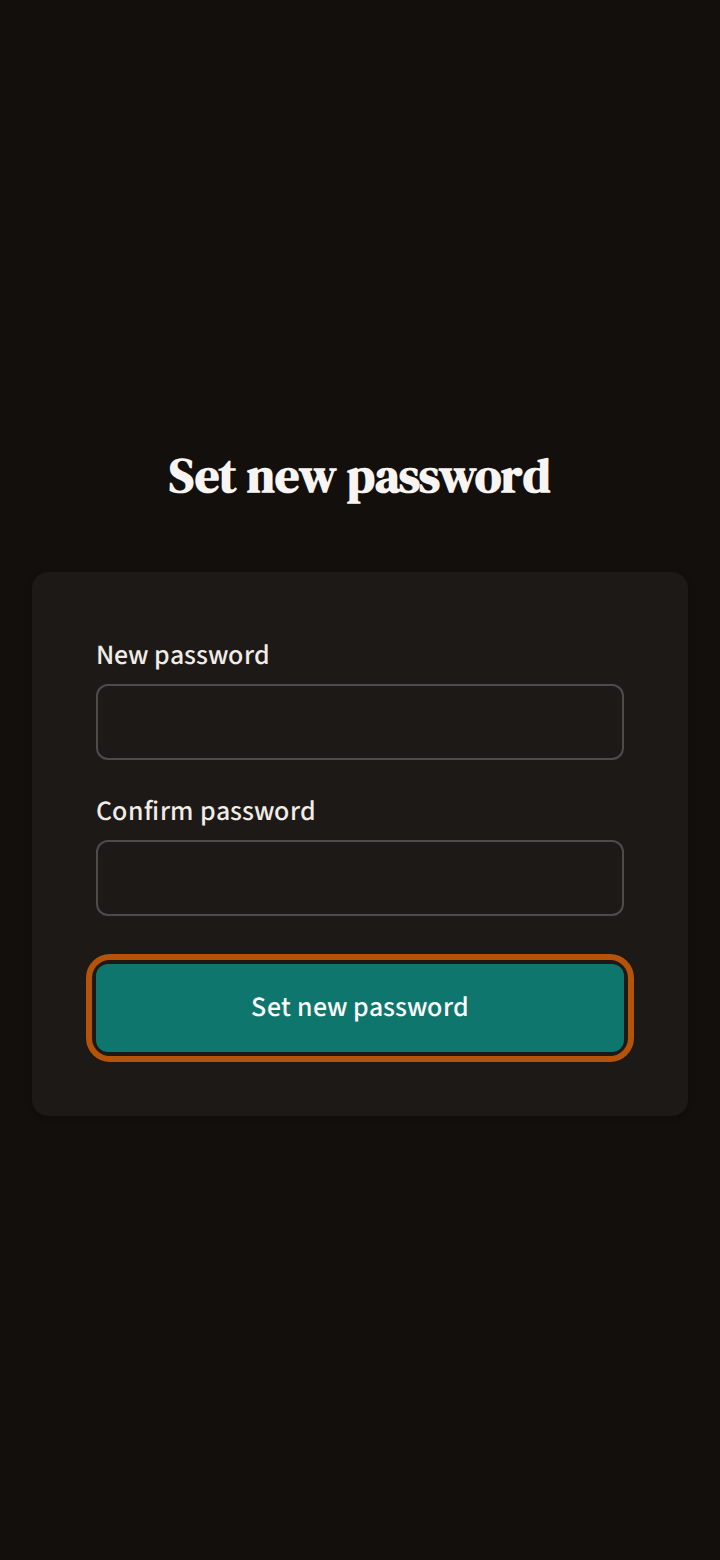 The Set new password page, with a box for the new password, one to confirm it, and the Set new password button ringed.
