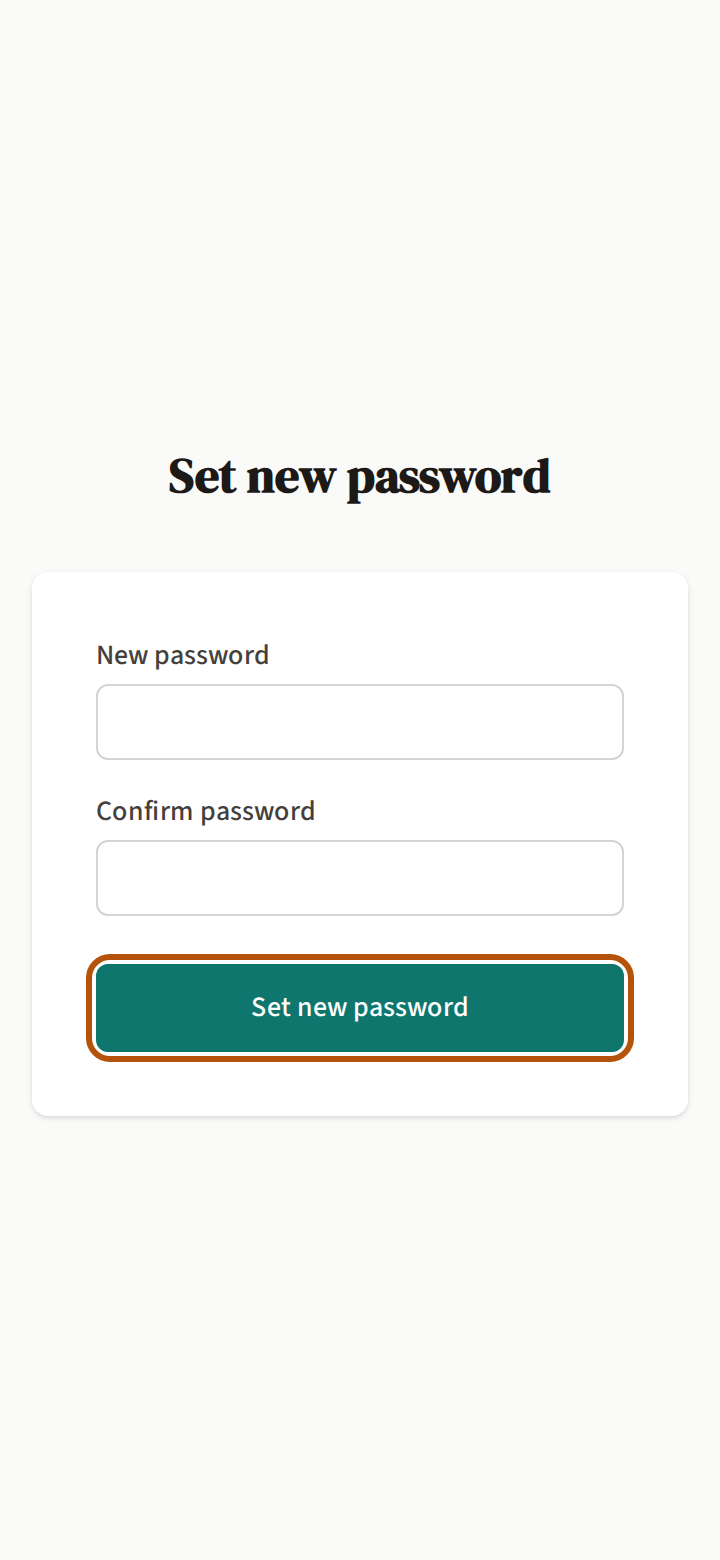 The Set new password page, with a box for the new password, one to confirm it, and the Set new password button ringed.
