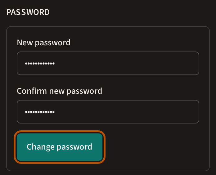 The Password part of the Account page: a new password typed twice, and the Change password button ringed.
