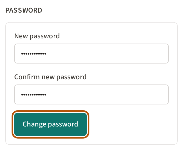 The Password part of the Account page: a new password typed twice, and the Change password button ringed.