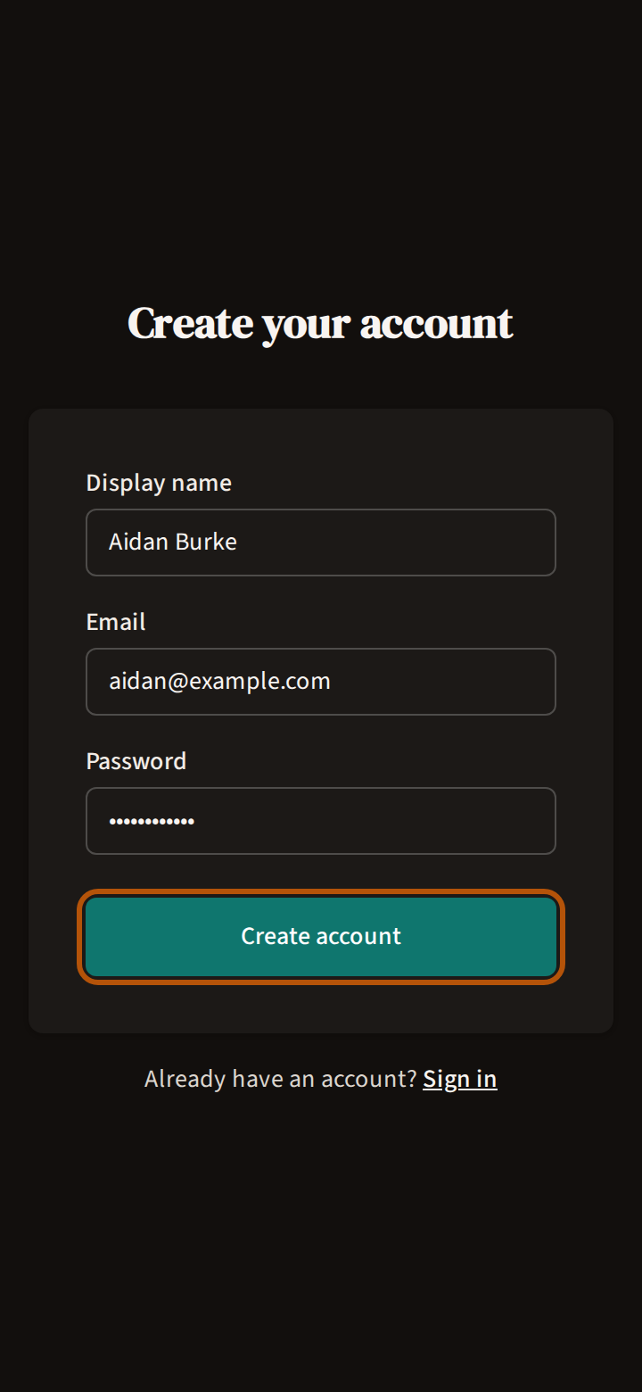 The Create your account page with a display name, an email address and a password typed in, and the Create account button ringed.