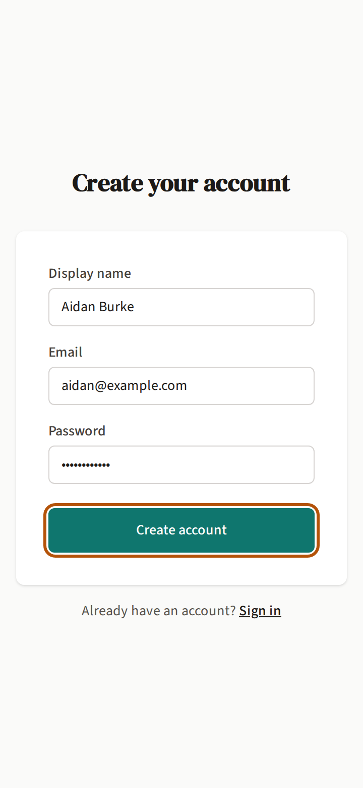 The Create your account page with a display name, an email address and a password typed in, and the Create account button ringed.