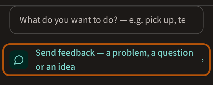 The head of the Support page: the search box, and beneath it Send feedback — a problem, a question or an idea, ringed.
