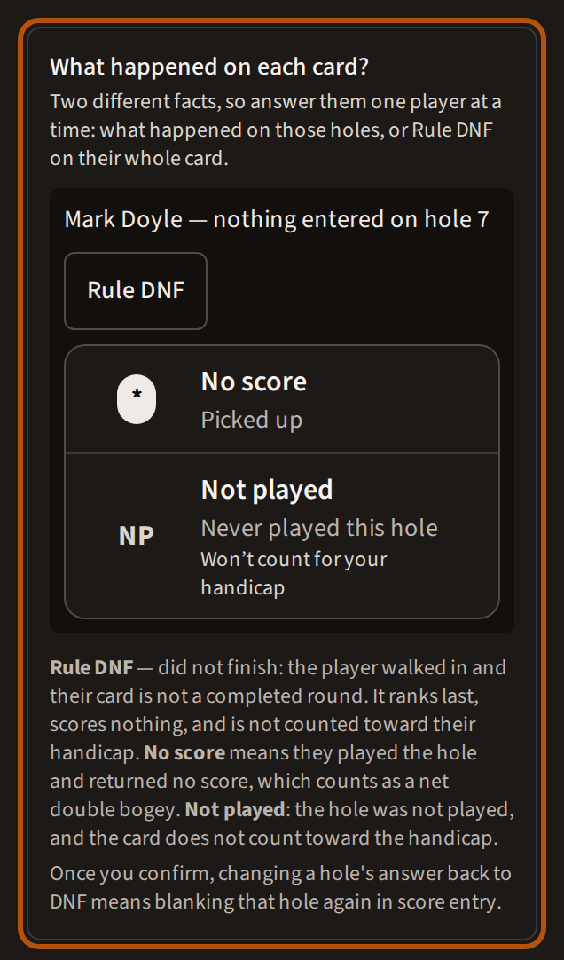 What happened on each card?: a player with nothing entered on a hole, and the answers, No score, Not played and Rule DNF, with what each one means beneath.