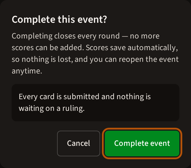 The Complete this event? box, saying completing closes every round and the event can be reopened, a line that every card is submitted and nothing is waiting on a ruling, and Cancel and Complete event buttons.
