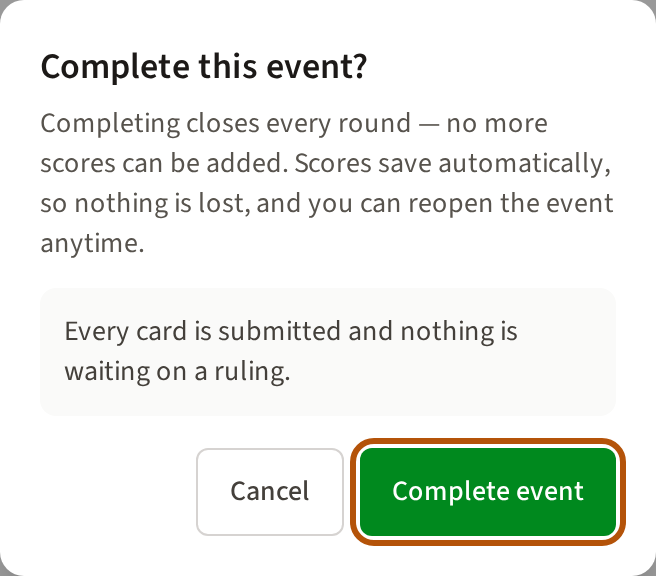 The Complete this event? box, saying completing closes every round and the event can be reopened, a line that every card is submitted and nothing is waiting on a ruling, and Cancel and Complete event buttons.