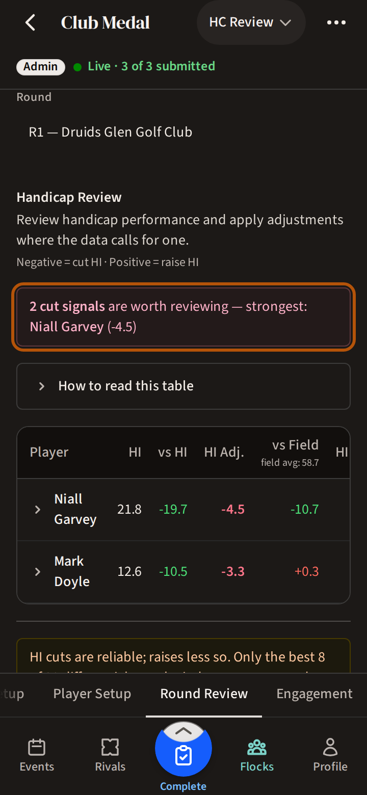 An event's Admin on Round Review, HC Review: the line at the top saying how the round's handicaps look, ringed, above the table of players with their index and the suggested changes.