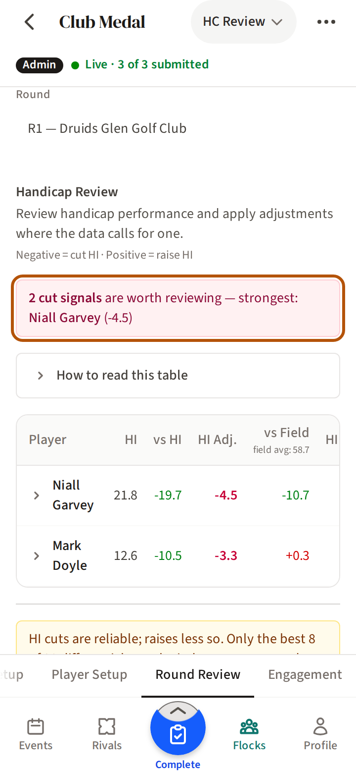 An event's Admin on Round Review, HC Review: the line at the top saying how the round's handicaps look, ringed, above the table of players with their index and the suggested changes.