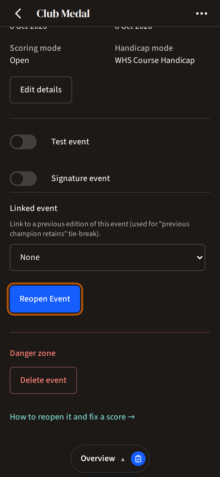 The Overview of a completed event, scrolled down past its details: the Reopen Event button, ringed, above Delete event.