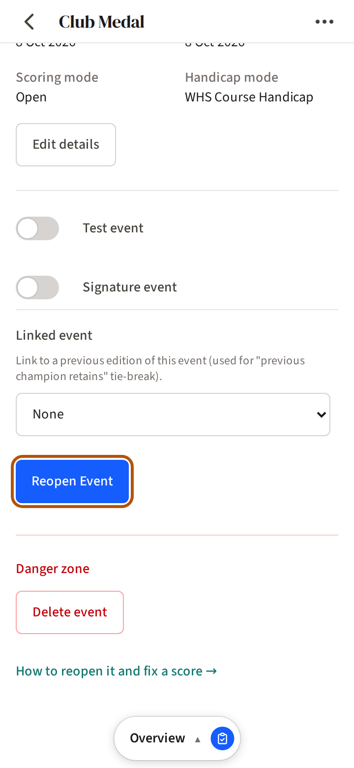 The Overview of a completed event, scrolled down past its details: the Reopen Event button, ringed, above Delete event.