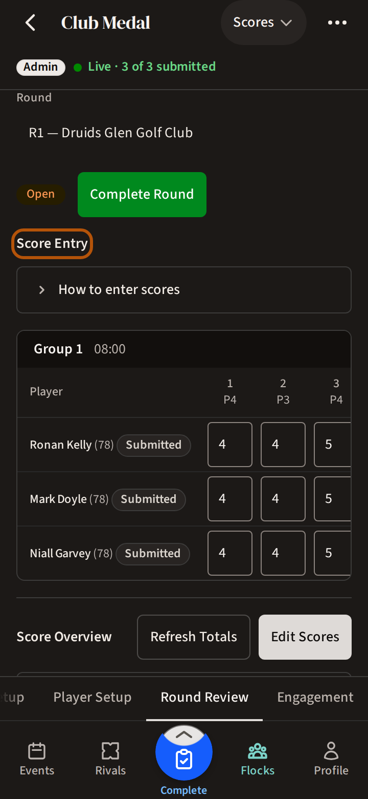 An event's Admin on Round Review, Scores: the round marked Open, a Complete Round button, and the Score Entry grid, its heading ringed, with each player's card state beside their name and their score on each hole.