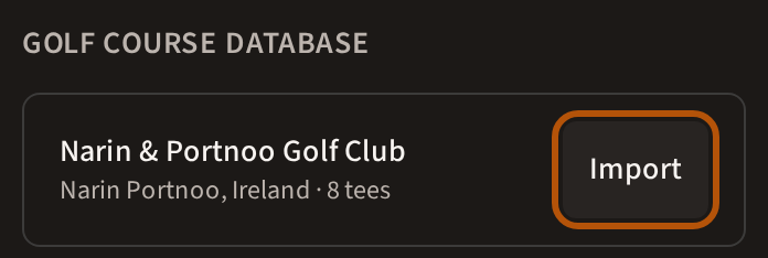 The Golf Course Database results for a club Treád hasn't got yet, with that club's Import button ringed.