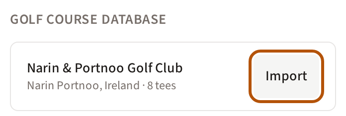 The Golf Course Database results for a club Treád hasn't got yet, with that club's Import button ringed.