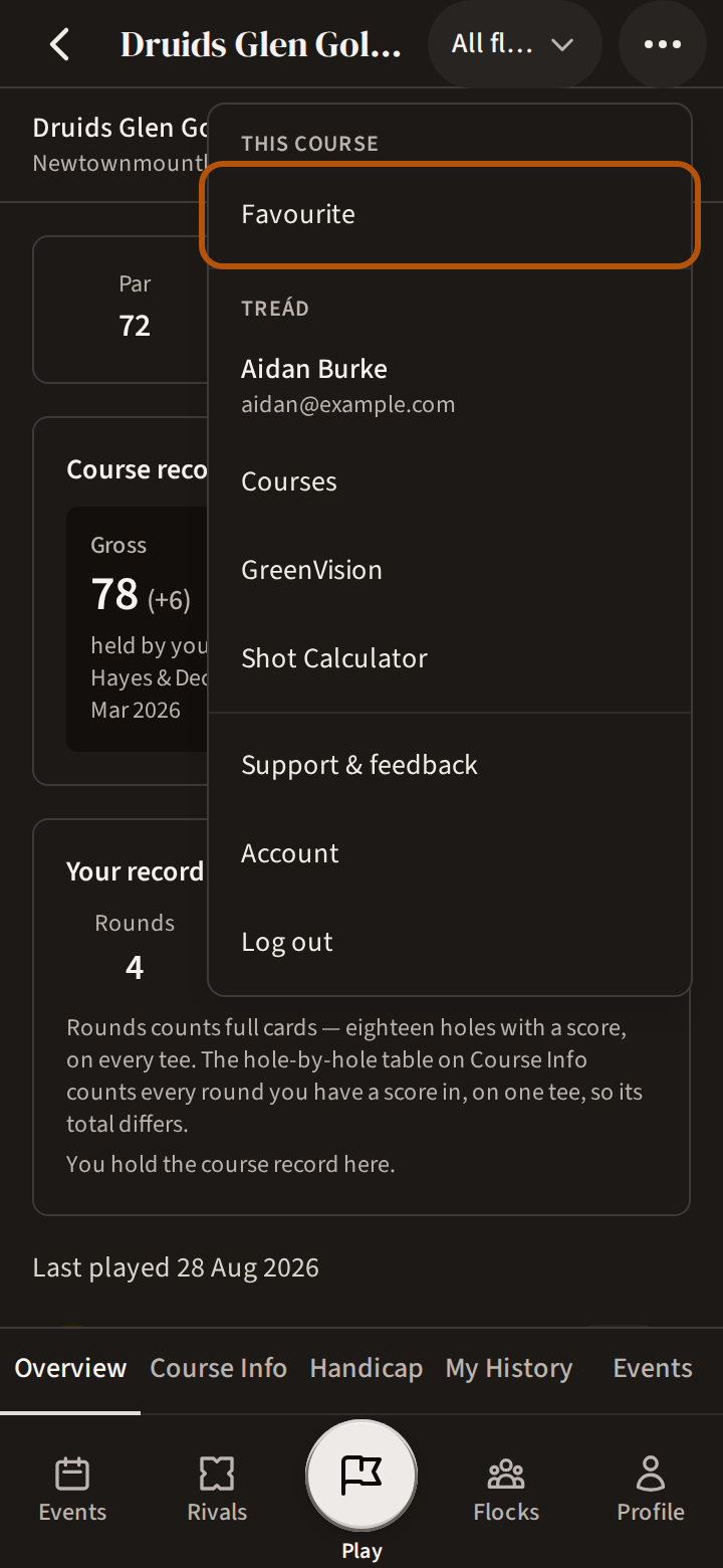 The More menu open on a course's page, its This course part first, with the Favourite row ringed.