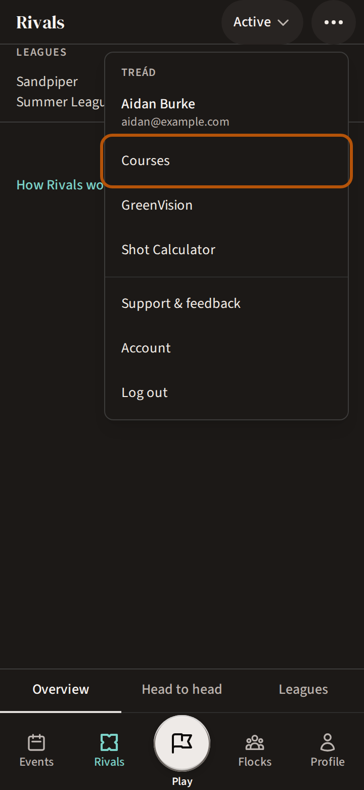 The More menu open over the Events page, with its Courses row ringed beneath your name.