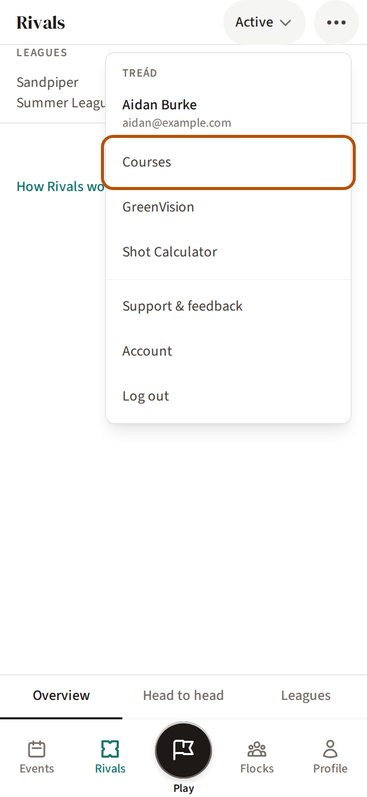 The More menu open over the Events page, with its Courses row ringed beneath your name.