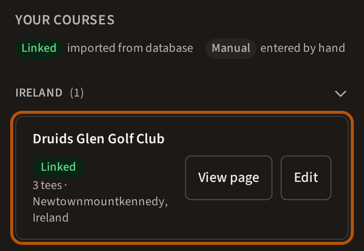 A search result under Your Courses, ringed: the course's name and its marks, how many tees it has, where it is, and its View page and Edit buttons.