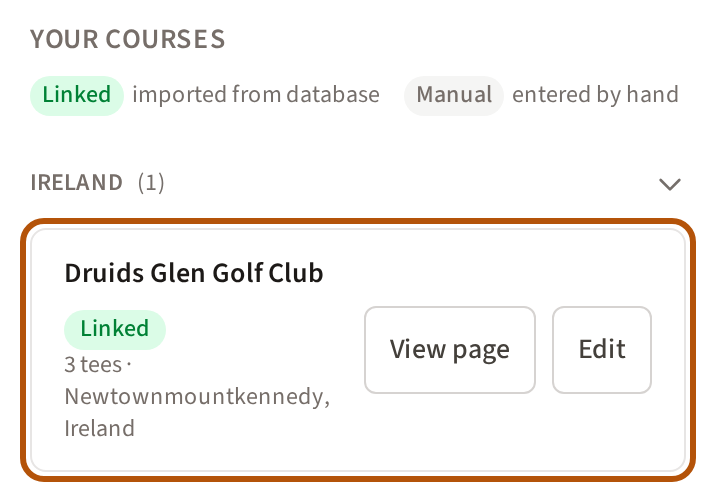 A search result under Your Courses, ringed: the course's name and its marks, how many tees it has, where it is, and its View page and Edit buttons.