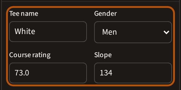 A tee being edited, ringed: its Tee name, Gender, Course rating and Slope boxes, where you type the figures from the scorecard.