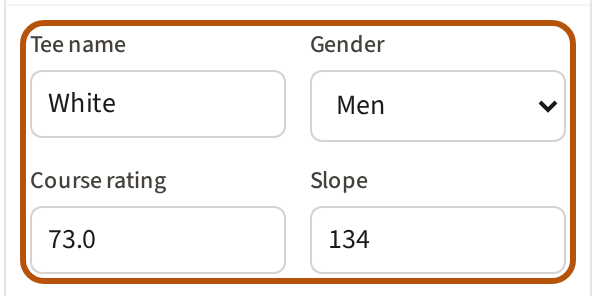 A tee being edited, ringed: its Tee name, Gender, Course rating and Slope boxes, where you type the figures from the scorecard.