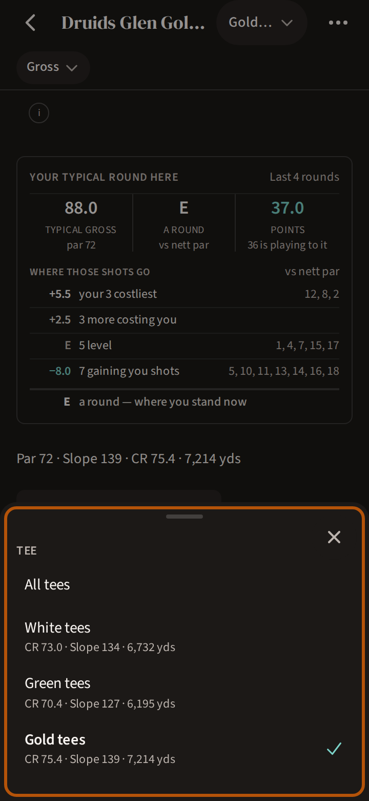 The picker's list of tees, ringed: each tee by name with its course rating, slope and yardage beneath, and All tees at the top.
