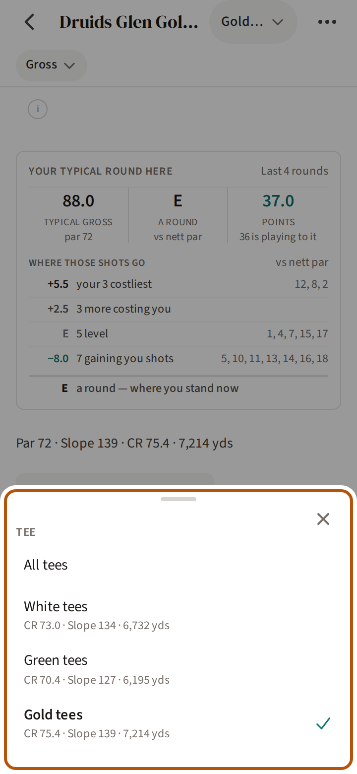 The picker's list of tees, ringed: each tee by name with its course rating, slope and yardage beneath, and All tees at the top.