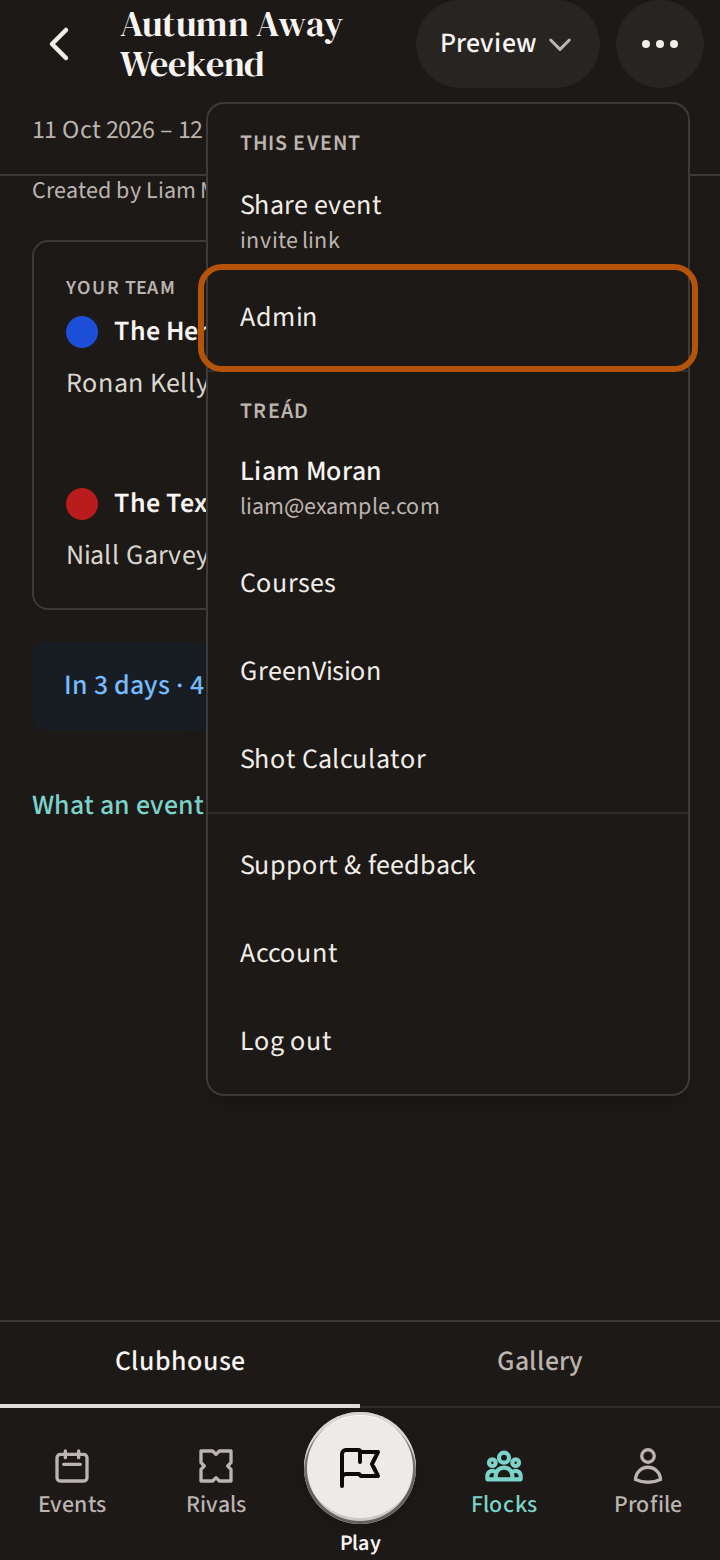 A two-round team event with the More menu open, and the Admin row ringed under This event.