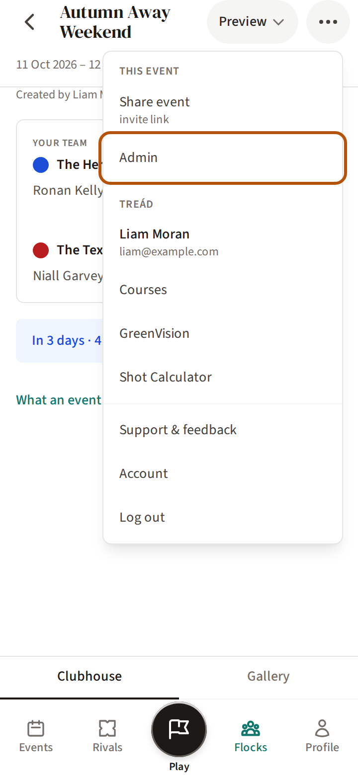 A two-round team event with the More menu open, and the Admin row ringed under This event.