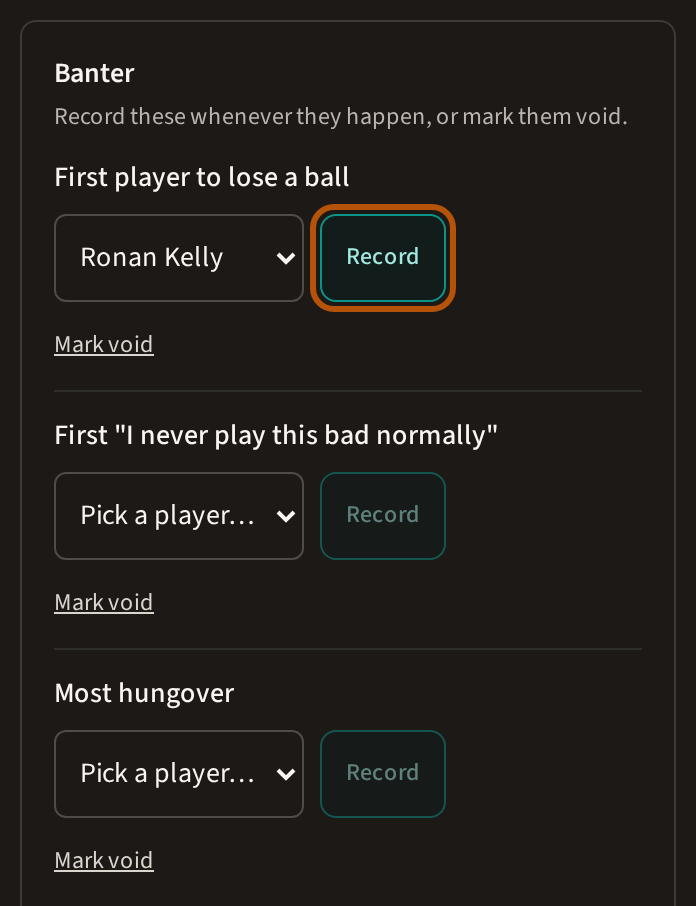 The Banter part of Flock Forecast: each question no scorecard can answer with Record and Mark void beneath it, a player chosen on the first and its Record ringed.