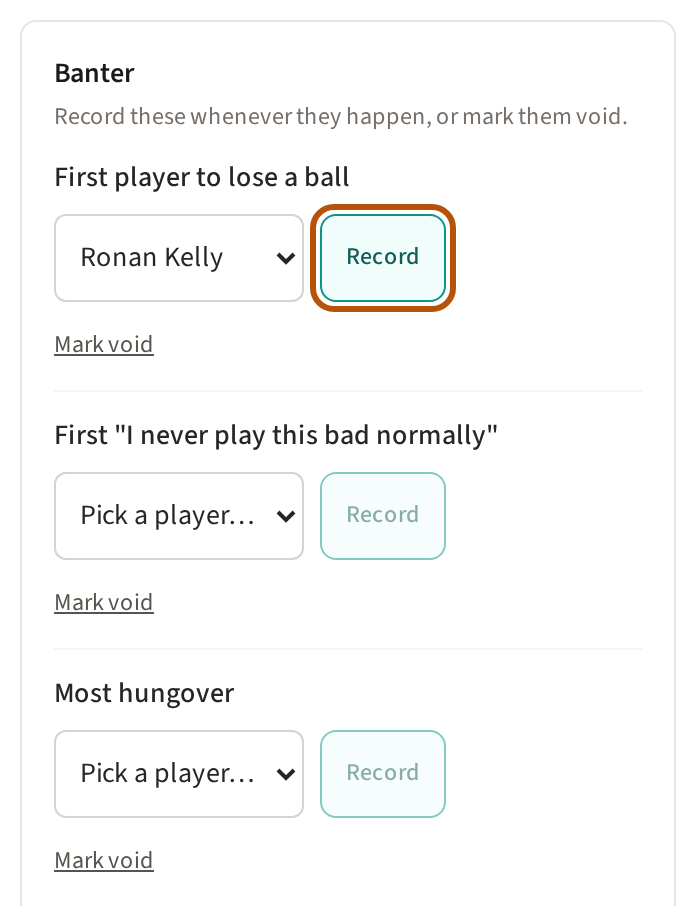 The Banter part of Flock Forecast: each question no scorecard can answer with Record and Mark void beneath it, a player chosen on the first and its Record ringed.