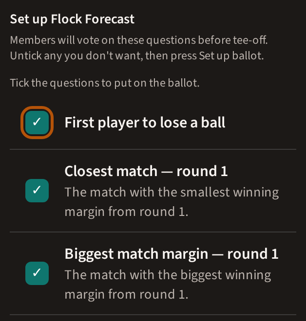 Set up Flock Forecast: the questions the flock will answer, each one ticked, the first question's tick ringed.