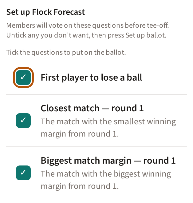 Set up Flock Forecast: the questions the flock will answer, each one ticked, the first question's tick ringed.