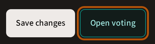 The ballot set up but not yet open, with the Open voting button ringed beside Save changes.