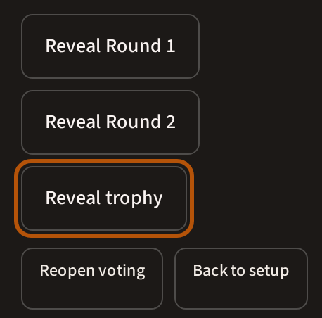 The reveal buttons for Round 1, Round 2 and the trophy, the trophy's ringed, with Reopen voting and Back to setup beneath.